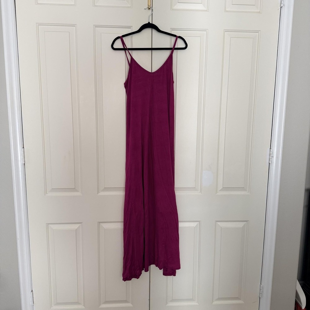 Loveappella Dress Womens Medium Pink Maxi Trapeze V Neck Spaghetti Strap Jersey